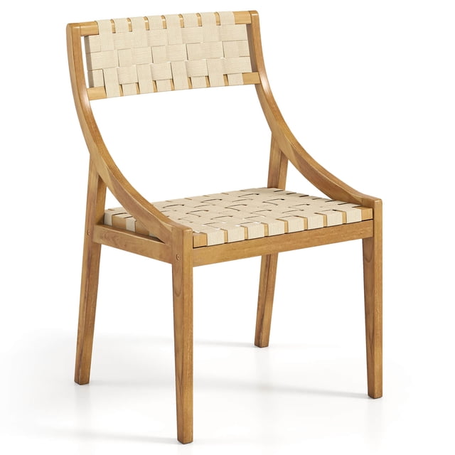 Costway 1 PCS Outdoor Dining Chair Teak Wood Armless Patio Chair with Webbing Seat & Backrest