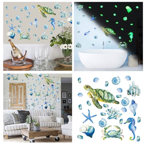 Harpily Wall Decor Luminous Underwater World Hand Painted Turtles Children'S Room Decorative Stickers Self Adhesive Glow In The Dark Cartoon Animal Wall Decals