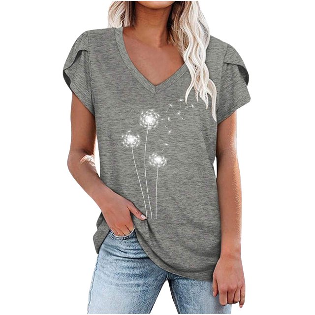 Besolor Hauts d'Été pour Femmes Manches Pétales Tendance Chemises Imprimées Manches Courtes Col Rond Décontracté Blouse Tee