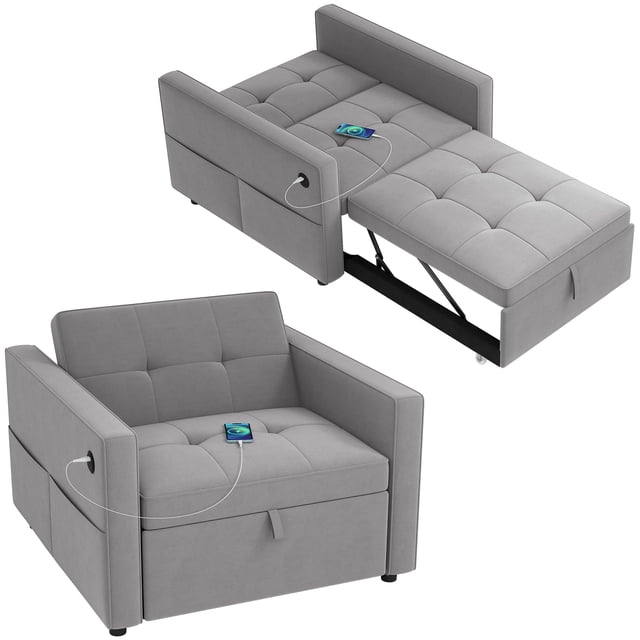 HOMCOM Fauteuil-Lit Gris, Conçu comme une Petite Literie Escamotable Qui Se Convertit en Lit d'Appoint Simple. Comprend un Dossier Réglable à Sept Positions pour s'Asseoir, Se Détendre Ou Dormir, et des ports USB-A et USB-C Intégrés sur l'Accoudoir pour un Chargement Pratique de l'Appareil. Rembourré d'Un Tissu Doux Effet Velours avec Mousse à Haute Densité et Soutenu par un Cadre en Métal durable. Parfait pour les Petits Appartements, les Résidences Étudiantes Ou les Bureaux à Domicile.