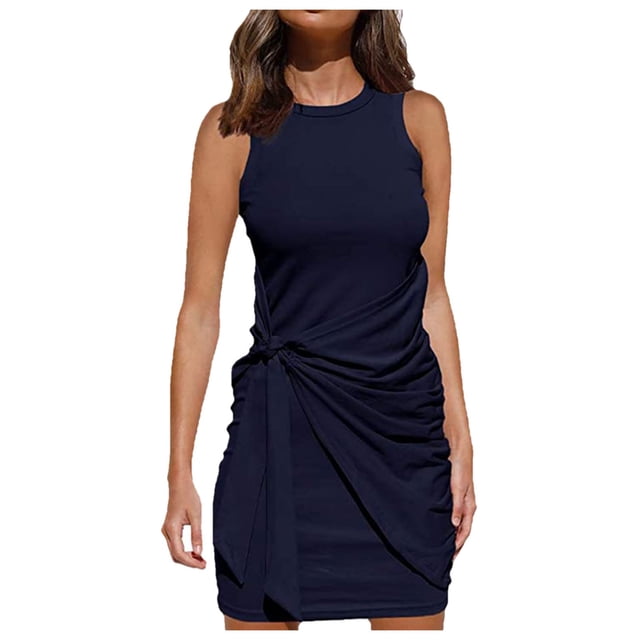 TJAZFJPA Robes Formelles Femmes Nouvelle Jupe Robe Sans Manches pour Femmes Col Rond Plissée Irrégulière Robe d'Été Asymétrique Robes pour Femmes Plage Invitée de Mariage Robes pour Femmes