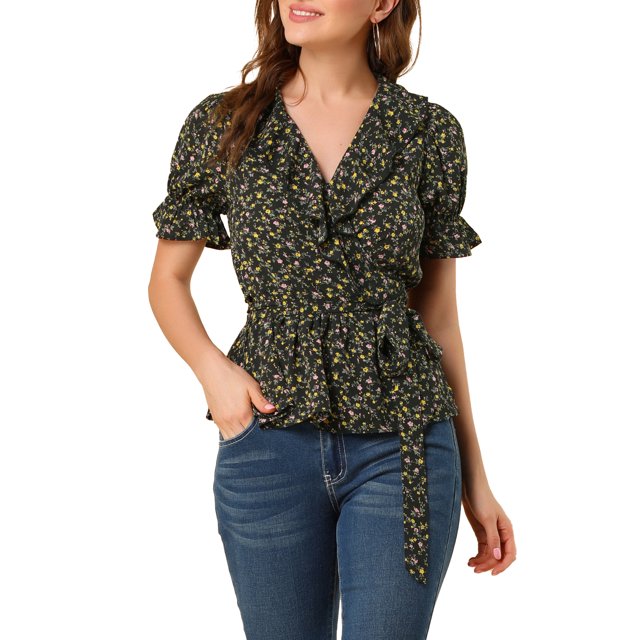 INSPIRE CHIC Women's Sweet Fruit Crossover V Neck Short Sleeves Ruffle Wrap Blouse