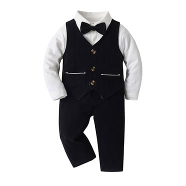 Ensemble pour Bébé Chemise à Boutons +nœud Papillon+gilet+pantalon 4 Pcs Tenue de Gentleman pour Mariage Robe de Baptême pour Garçons 9-12 Mois