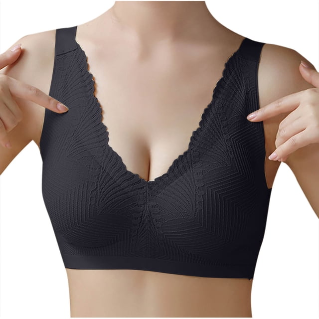 Plebaso Women's Wireless Bras Full Coverage Removable Soft Padded Everyday Bras Smooth Back Pullover Bras. The image shows a black wireless bra with a seamless design and intricate textured patterns. The bra features wide straps and a V-neckline with scalloped edges, providing full coverage and a smooth back. Suitable for daily wear, sports, or casual outings.