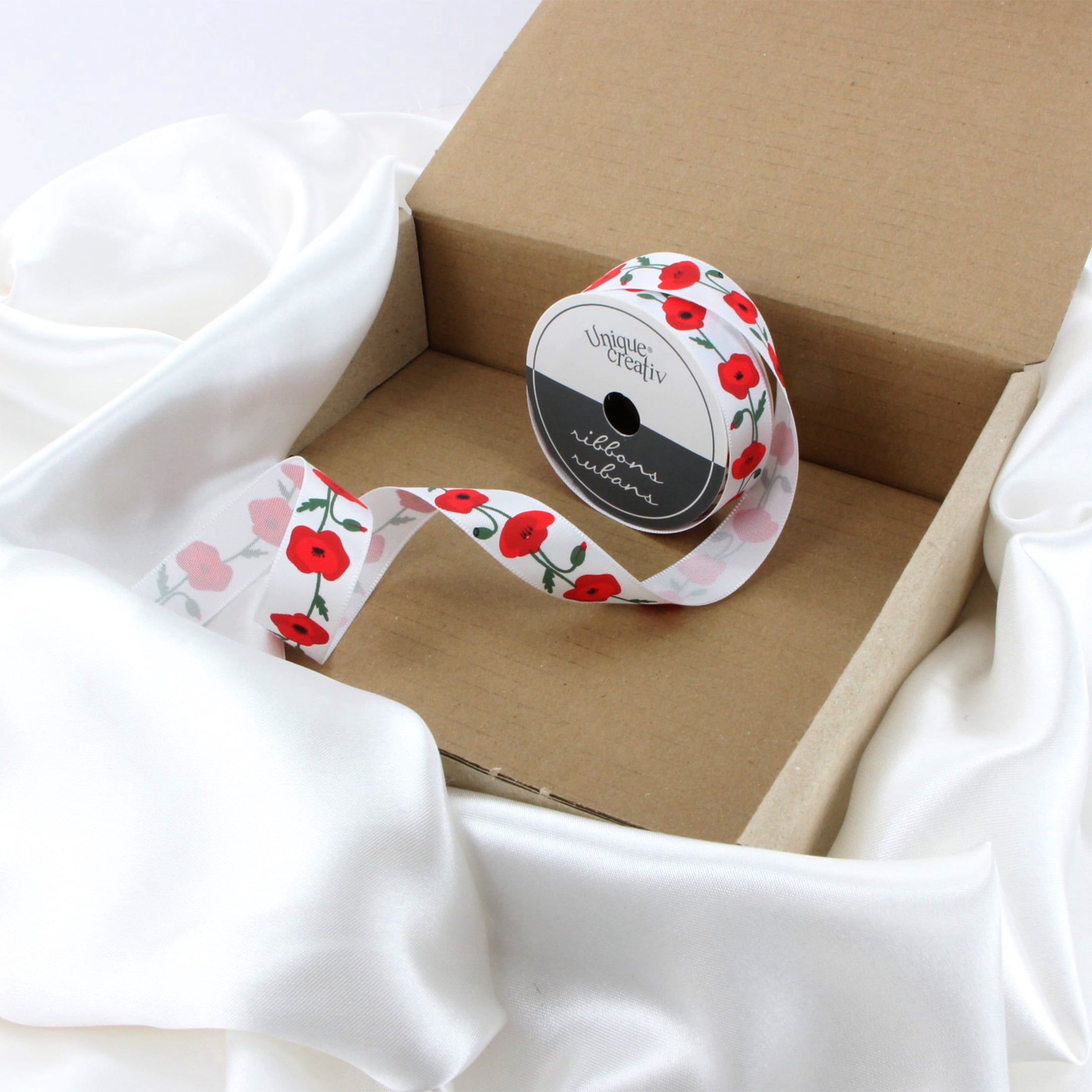 UNIQUE CREATIV, Ribbon, Printed Satin, Poppy, 20mm × 5.4m (0.78" × 18ft)