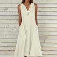thumbnail image 3 of Ohufall Robe Femme en Coton et Lin à Col en V Sans Manches Décontractée Robe Débardeur Unie Confortable avec Poches Robe Midi d'Été Chic, 3 of 5