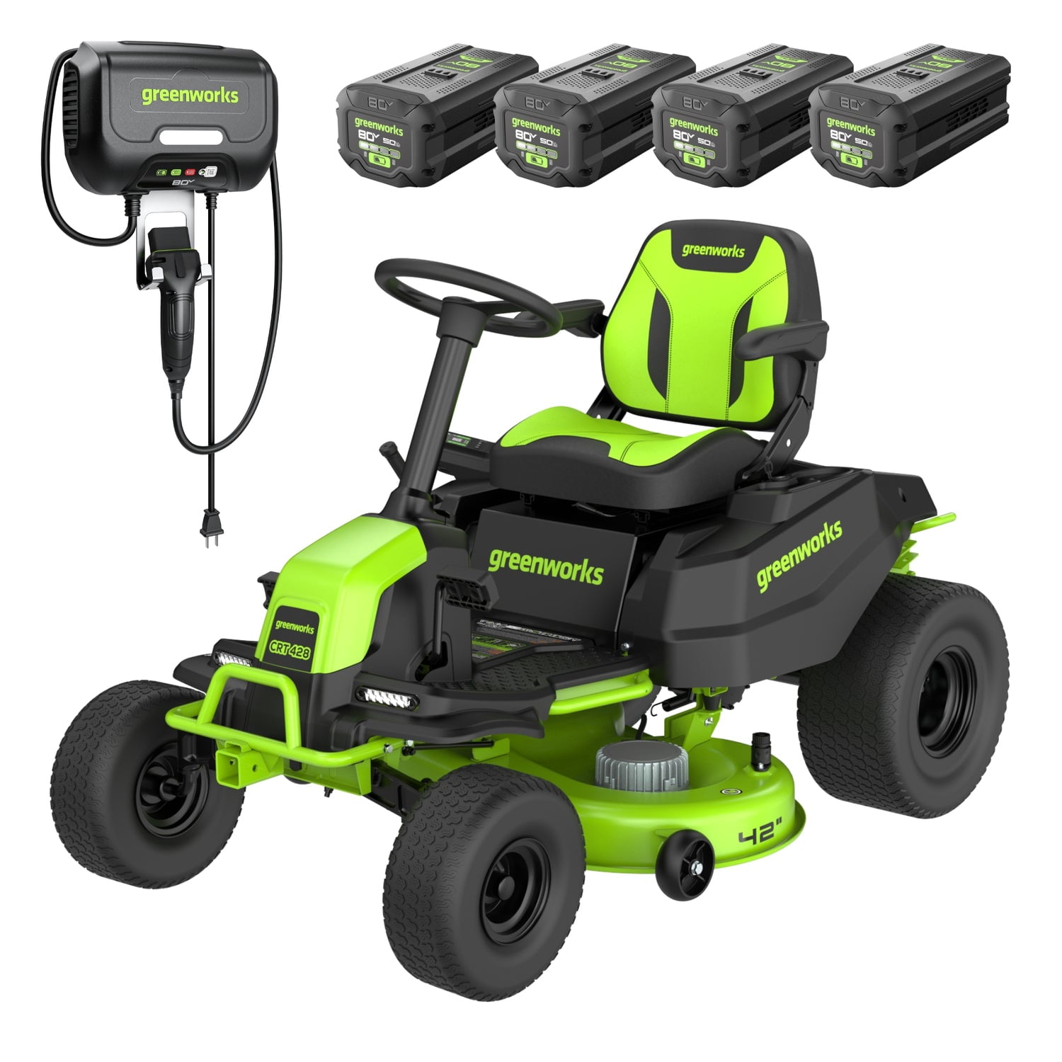 Greenworks Pro Tondeuse à gazon électrique 80V 42 po, tondeuse à conduire avec (4) batteries 5,0Ah et chargeur branché (600W)
