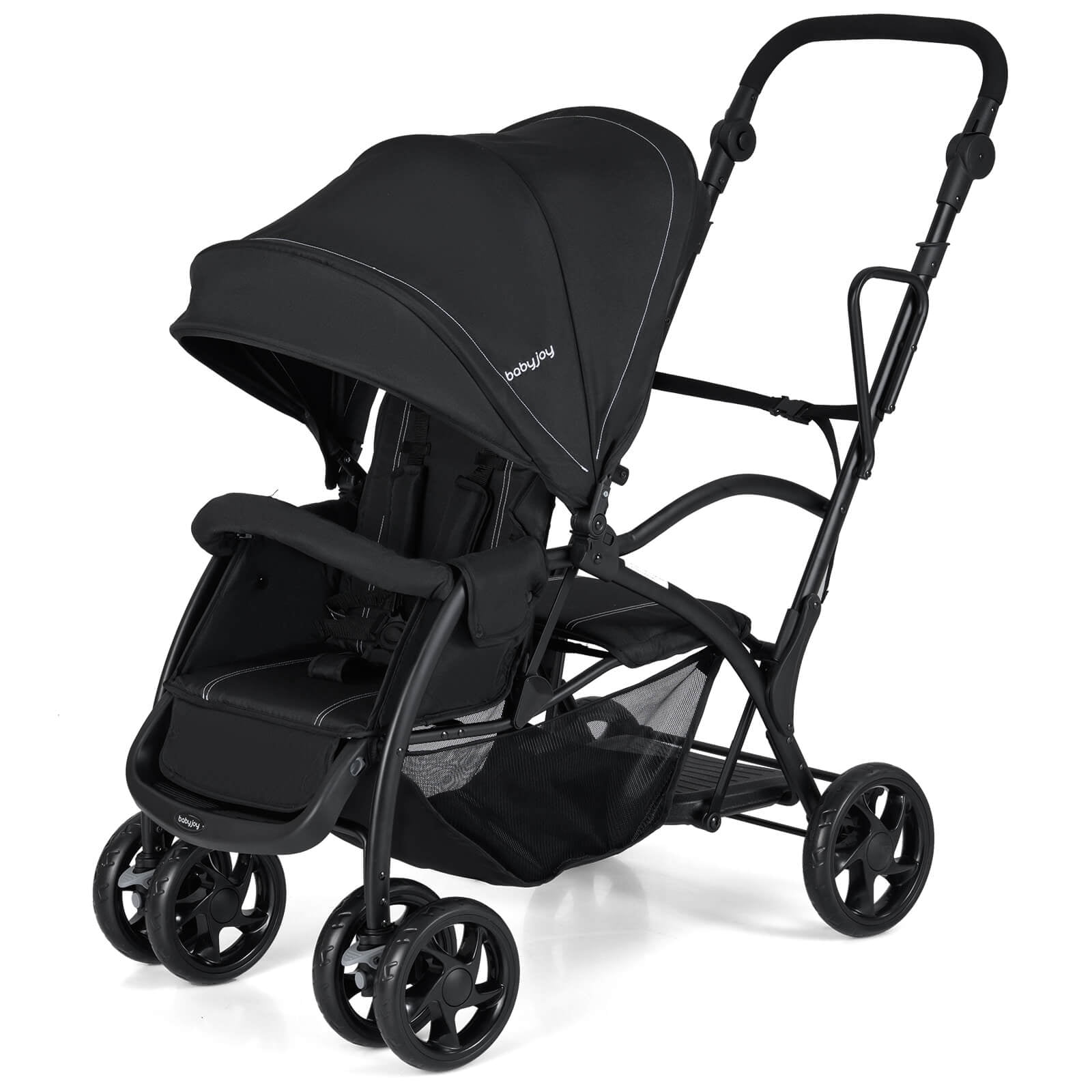 Babyjoy Sit & Stand Double Stroller with Adjustable Handle Bar Backrests Footrest Canopies Black