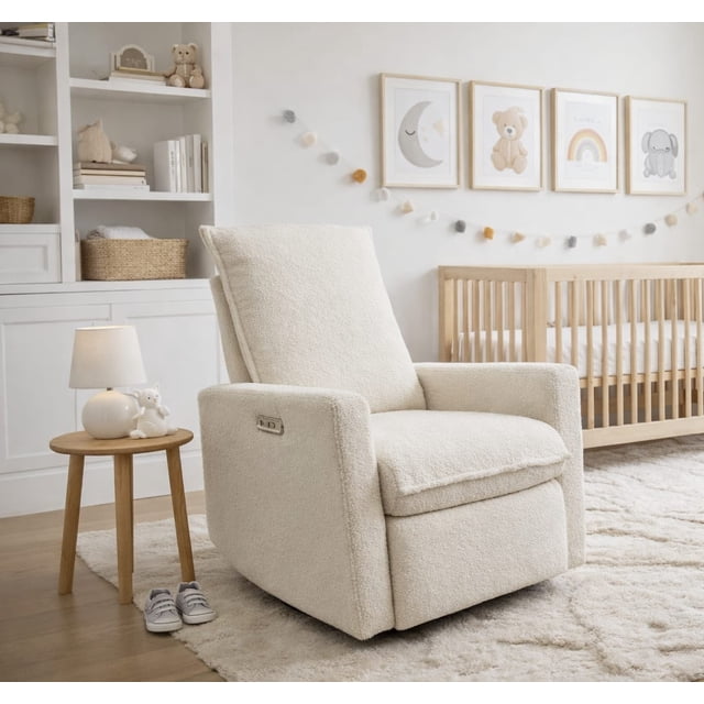 Concord Baby Boucle Power Recliner Swivel Glider in oatmeal beige boucle fabric, front-facing nursery recliner with solid frame and soft seating, power recline button, integrated USB-A and USB-C ports, smooth gliding motion and 270° swivel on a sturdy base.