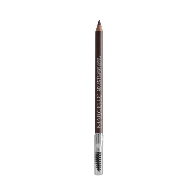 Marcelle Accent Eyebrow Crayon - Brun Tendre, a dark brown matte eyebrow pencil with a sharpened tip and a clear cap containing a spoolie brush for grooming, designed for natural, long-lasting wear and easy application.