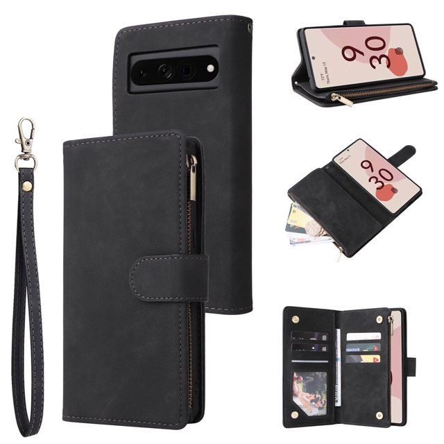 Case for Google Pixel 7 Pro 5G Leather Magnetic Handbag Zipper Pocket Cover Wrist Strap