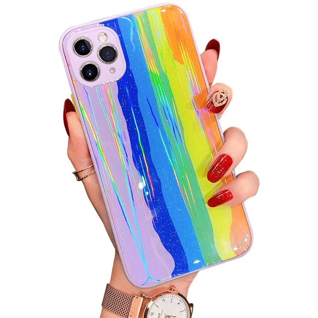 Compatible with iPhone Case,Bling Glitter Rainbow Pattern Hard PC Back Stripe Girls Woman Frosted Soft TPU Bumper Silicone Case for iPhone 11Pro MAX (Purple)