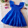thumbnail image 5 of Zwiiyzr 1-6Y Girl's Solid Colour Smocked Dress Ruffled Short Sleeve A Line Midi Dress Ruffle Hem Square Neck Flared Swing Summer Dresses Blue, 5 of 5