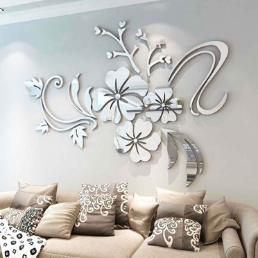 Wall Sticker 3D Flower Acrylic Mirror Decal Bath Home acrylic mirror Decor Sticker Self Adhesive Home Wall Decoration, Silver