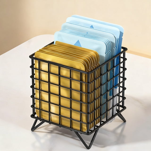 Iron Coffee Storage Basket Black & White | Fruit Snack Candy Organizer 6.3x5.1in | Waterproof Rust Proof Mesh | Desktop Table Decorative Bin | Durable Openwork Design | Easy Clean | Expanded Capacity