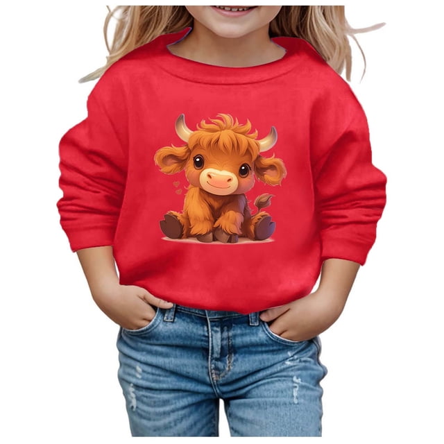 Couverture Portable pour Enfants, Chandails à Capuchon Doux pour Filles, Automne et Hiver, Mignon Imprimé Vache, Col Rond, Manches Longues, Chandail Décontracté Sans Capuche