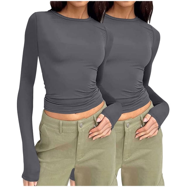Frostluinai 2 Pack Y2K Shirts for Women Long Sleeve Ruched Tops Crew Neck Workout T Shirts Solid Color Slim Fit Blouses Soft Crop Tees
