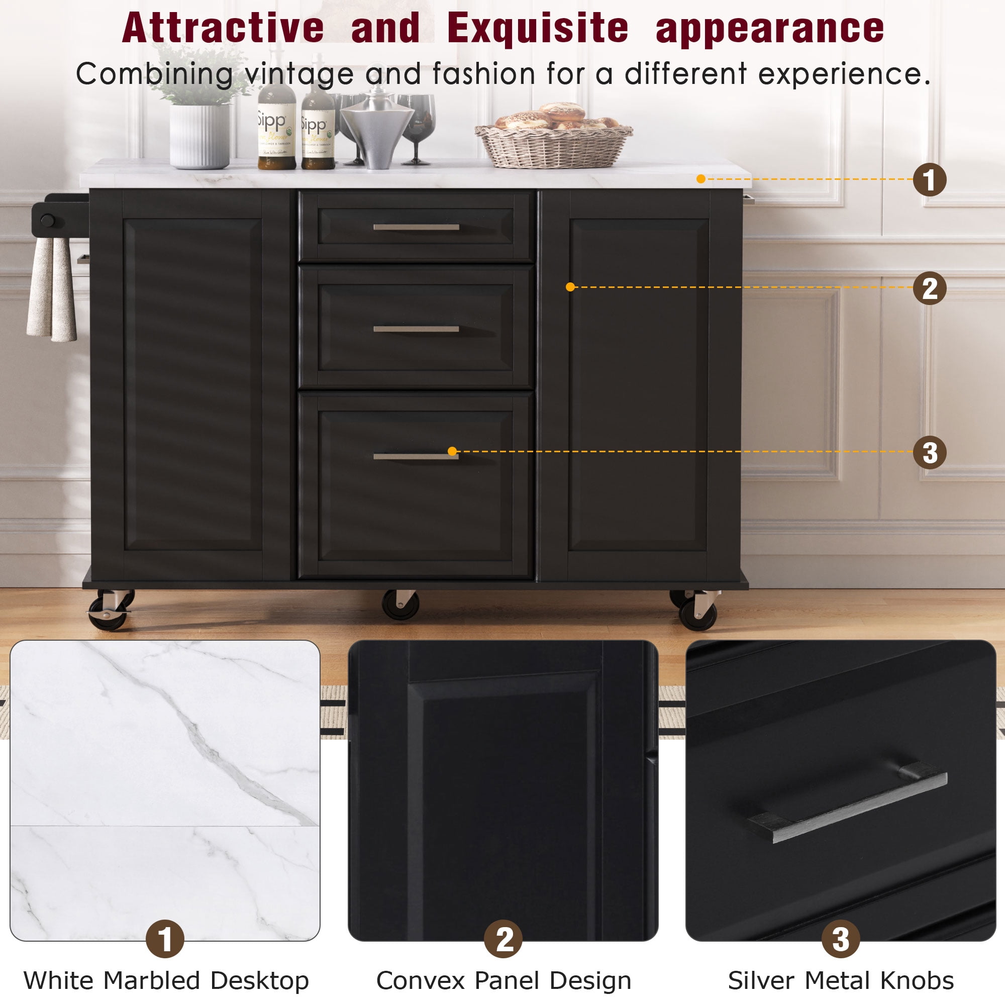 Homy Casa Îlot de cuisine roulant 50,7 po avec rangement, abattant, armoire basculante pour poubelle, organiseur coulissant, 2 tiroirs, noir