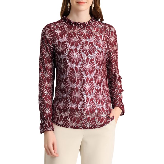 INSPIRE CHIC Blouse à Encolure à Volants en Dentelle Crochetée Transparente à Motif Floral pour Femme P Rouge