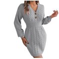 thumbnail image 2 of FcBaudy Robe à Manches Longues à Col en V, Robes d'Été pour Femmes, Robes pour Femmes Mode Robe Décontractée à Manches Longues pour Femme Col en V à Boutons Robes de Sortie Unies Robe pour Femme, 2 of 8