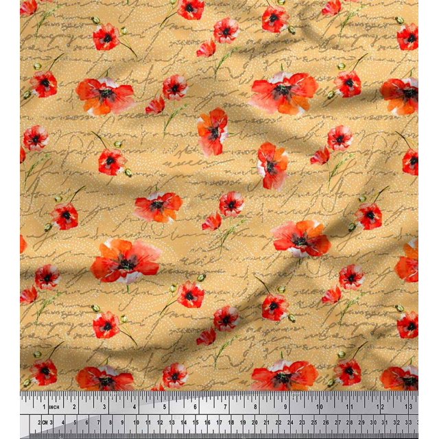 Soimoi Orange Poly Georgette Fabric Text & Poppy Floral Printed Craft Fabric by the Yard 42 Inch Wide