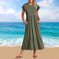 thumbnail image 2 of Penkiiy Robe d'Été Décontractée pour Femme à Manches Courtes, Col Ras du Cou, Robe Longue Fluide à Étages pour la Plage avec Poches, P Vert Armée, 2 of 6