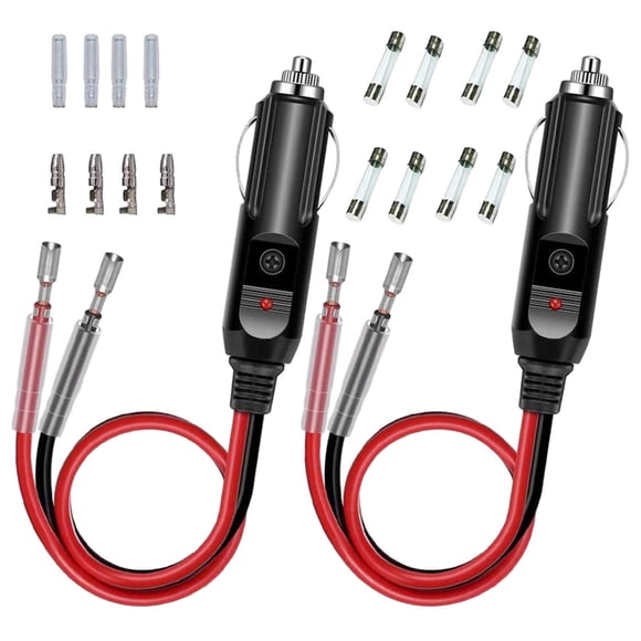 2PC 12V Fused Replacement Cigarette Lighter Male Plug with LED Light & 1FT 16AWG Extension Cable, 15A Fuse, Compatible with 12V/24V Vehicles, Includes Extra Fuses, Terminals & Sheaths