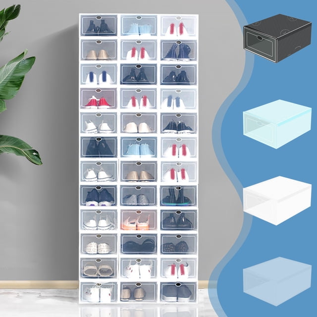 Iumwxz Shoe Rack Storage Shelves with transparent plastic shoe boxes stacked vertically. Each box features a thickened transparent design for clear visibility of shoes, accommodating sizes up to 44. Made of white plastic, the boxes are easy to clean, assemble, and include a drawer-style structure for shoe protection. Ideal for shoe storage and organization.
