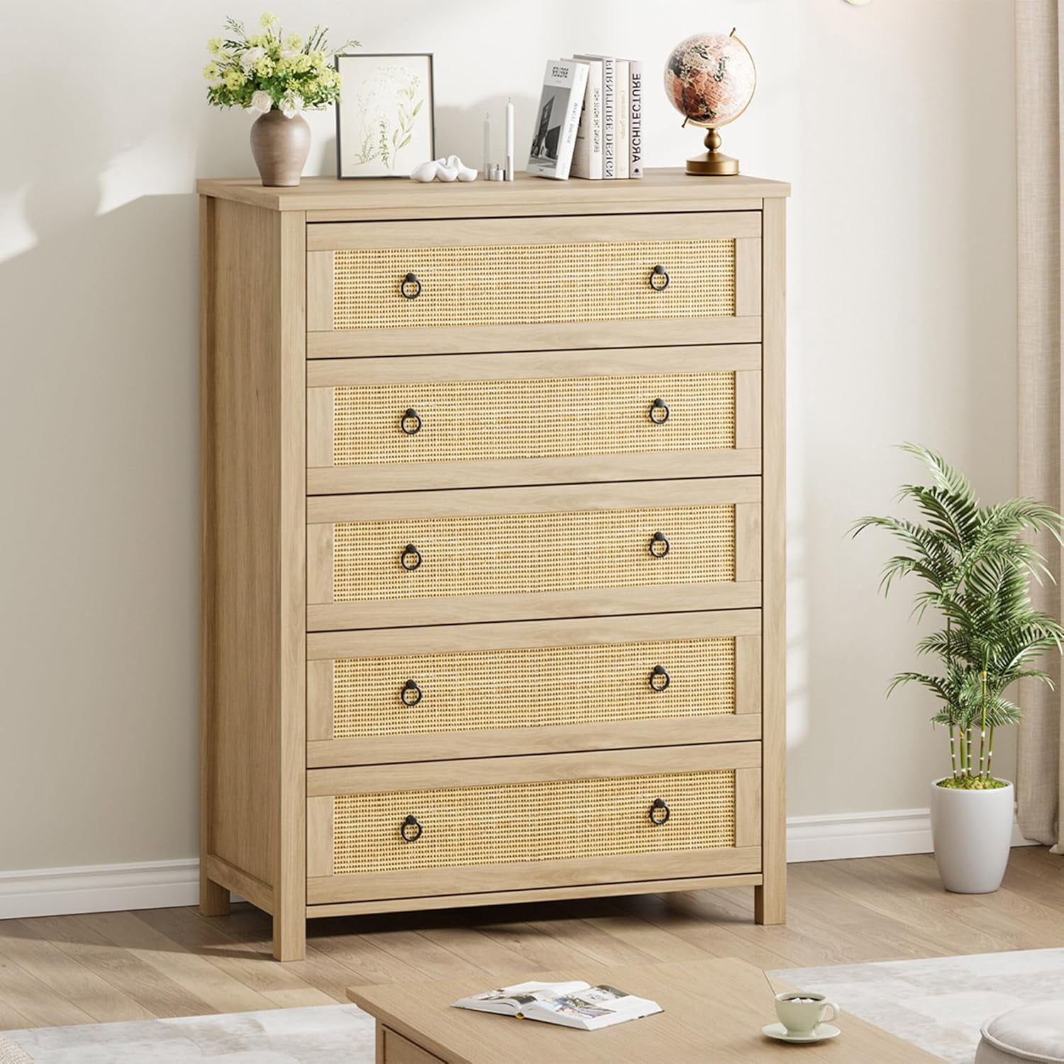 5 Drawer Tall Dresser for Bedroom, 45 in Rattan Dresser, Boho Chest of Drawers, Wooden Chest with Clothes Storage Cabinet, Drawer Organizer for Bedroom, Living Room, Hallway, Natural Oak