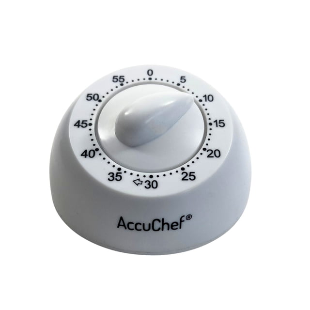 AccuChef 60 Minute Timer with white plastic body and rotary dial marked from 0 to 60 minutes in one-minute increments, featuring black numbers and the AccuChef logo, easy to use without batteries, suitable for baking, cooking, and timing activities like study sessions.