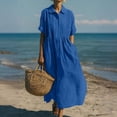 thumbnail image 3 of Kyusrd Robe en Lin pour Femmes à Manches Courtes Robe d'Été Robe Longue de Plage Col Ras du Cou Ample à Demi-Manches Robe Maxi Unie, 3 of 7