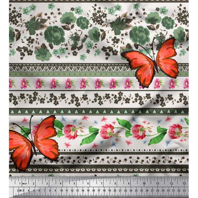 Soimoi Tissu Vert en Rayonne Imprimé Floral & Insecte Patchwork Tissu au Mètre 56 Pouces de Large