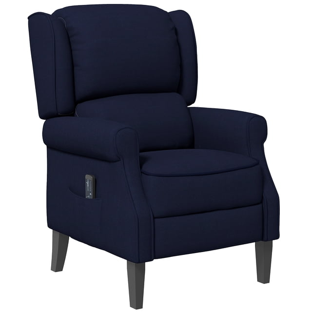 HOMCOM Fauteuil de Massage Recliner à Poussée, Fauteuil Recliner avec Repose-Pieds en faux Suède Bleu. Comprend Deux zones de Massage par vibration à l'Arrière, Deux Intensités, Huit modes et une Inclinaison Réglable jusqu'à 150° avec un Repose-Pieds. Comprend des Poches Latérales pour le Rangement à Distance et un Cadre Robuste en Acier et Bois de Peuplier. Dimensions : 30,7 Pouces de Large, 32,7 Pouces de Profondeur et 39,8 Pouces de Hauteur en Position Verticale.