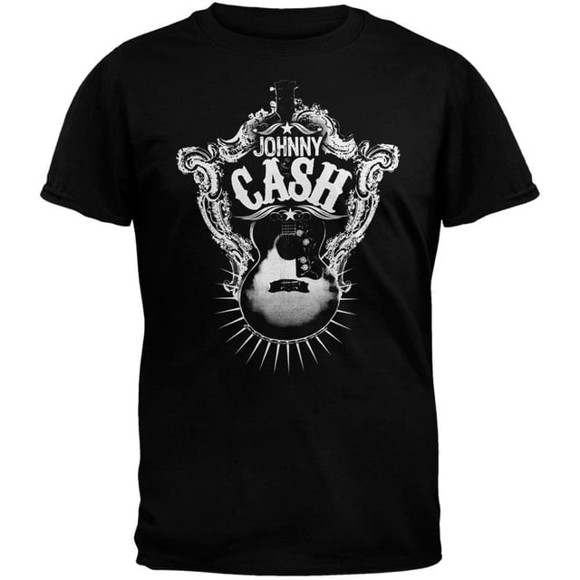 Johnny Cash - T-Shirt Doux « Guitar Target » avec Vue Centrale Orientée vers l'Avant d'Un T-Shirt à Col Rond pour Homme Noir sous Licence Officielle Affichant le logo Johnny Cash avec une Guitare Stylisée et un Graphique de crest sur la Poitrine, Manches Courtes et Coupe Décontractée sur un Fond de studio Uni, Convient comme Tenue Décontractée de concert Ou pour les Fans.