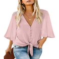 thumbnail image 1 of CHUANK Women‘s Button Down V Neck Tops Ruffled 3/4 Sleeve Tie Knot Front Blouses White Sizes S-2XL, 1 of 3