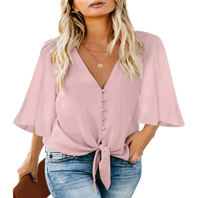 CHUANK Women‘s Button Down V Neck Tops Ruffled 3/4 Sleeve Tie Knot Front Blouses White Sizes S-2XL