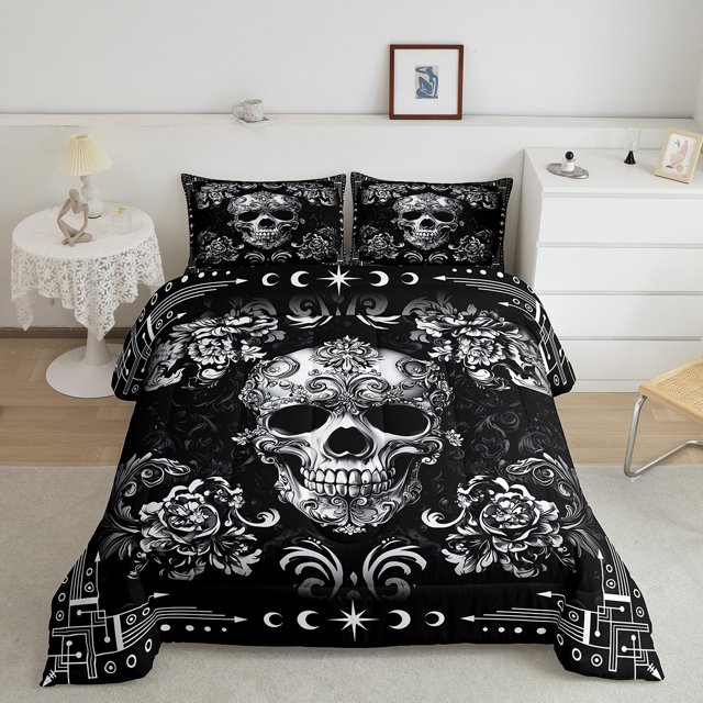 Erosebridal Skull Skeleton Bedding Full Comforter Set, Boho Damask Down Comforter, Western Geometric Decor, Super Cozy