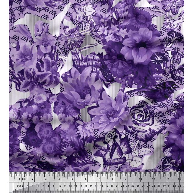 Soimoi Purple Cotton Voile Fabric Stripe & Floral Print Fabric by Yard 42 Inch Wide