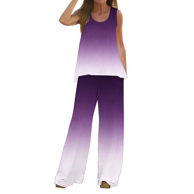 Mikilon Ensemble Stylé pour Femme 2 Pcs Décontracté Ample Débardeur Imprimé Pantalon Long Sans Manches Col Rond Haut/chemise Ensemble Violet TP