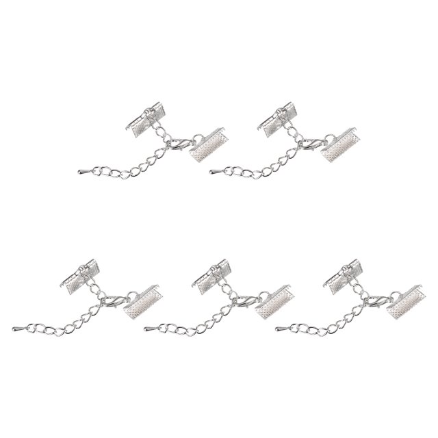 Unique Bargains 10Set Ribbon Crimp Clamp Ends Lobster Claw Clasps & Chain 16mm Silver Tone for DIY