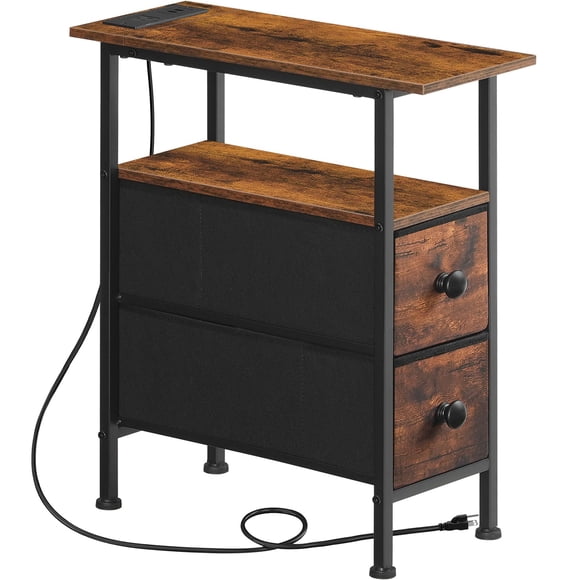 HOOBRO End Table with Charging Station, Narrow Side Table with 2 Fabric Drawers, Skinny Nightstand with Storage, Slim Bedside Table for Living Room,