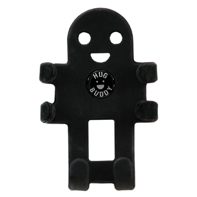 Alpena Hug Buddy Black cell phone car mount shaped like a small humanoid figure with flexible black silicone arms and legs that adjust to fit various phone sizes, featuring smiling face cutouts and a central 'Hug Buddy' badge, attaches to car vents with a 360-degree pivot clip, also suitable for GPS devices.