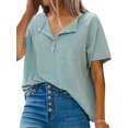 thumbnail image 3 of Women Button Lapel Collar V Neck Short Sleeve Pocket Plain Shirt, 3 of 4
