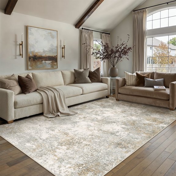 BERTHMEER Tapis de 5'x7' pour Salon Chambre Salle à Manger Bureau Ferme Abstrait Usé Lavable Contemporain Moderne Neutre Tapis Intérieur, Gris Doré