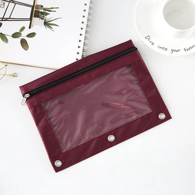 Three-Hole Zipper Pencil Case for 3-Ring Binder | Transparent Window | Two Compartments | Detachable Folder | Large Capacity Pouch | 25x18cm | Durable Cloth | Metal Zipper | Office Organizer