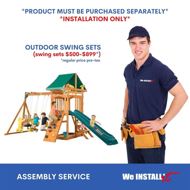 Home Installation Service for Outdoor Swing Sets $501 - $899 regular price by We Install It Services. The image shows a professional installer in a navy blue uniform with the 'We Install It' logo and a tool belt, standing next to a wooden outdoor swing set. The swing set includes swings, a slide, a climbing wall, and a canopy, with children actively playing. Text emphasizes that the product must be purchased separately and the service is for installation only.