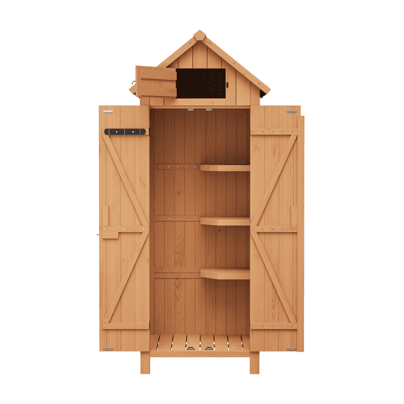 Compact Outdoor Storage Shed – Waterproof Garden Tool Cabinet with 3 Shelves, Lockable Doors, Roof Storage – Ideal for Patio, Backyard, Balcony – Natural Wood Finish