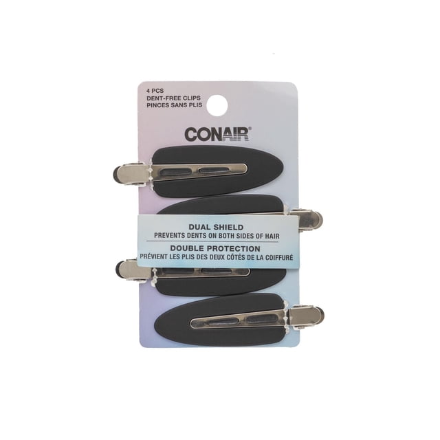 Conair Ensemble de 4 Pinces Sans Bosses à Double Écran, Comprend Quatre Pinces de Coiffage Noir Mat avec Fermoirs Métalliques Conçus pour Prévenir les Bosses des Deux Côtés des Cheveux, Offrant une Prise Douce Idéale pour les Soins Capillaires et la Coiffage, Affichées sur l'Emballage Bilingue de Marque.