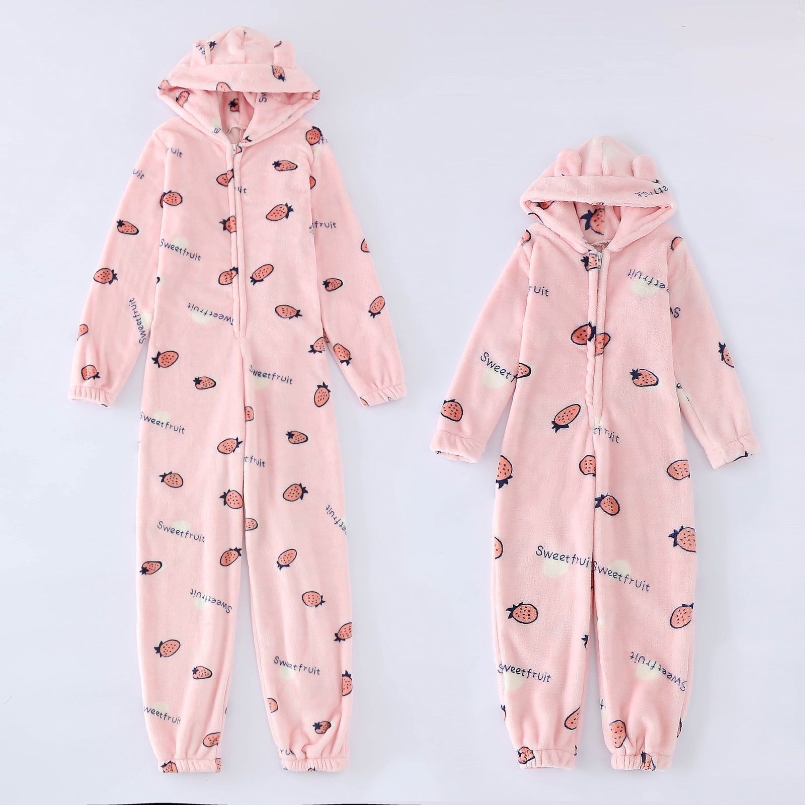 Solid Color Parent-Child Suit, Long Sleeve Family Pajamas Set, Round Neck Zipper Hoodie