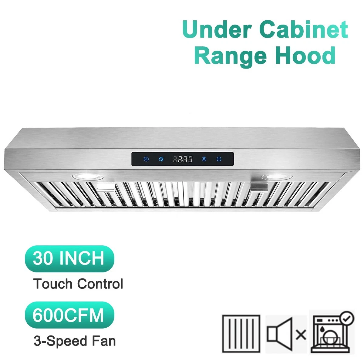 Hotte de cuisine sous cabinet de 30 pouces, sans conduit, avec contrôle tactile, 3 vitesses de ventilation, hotte en acier inoxydable, hotte sous cabinet de 30 pouces, ventilateurs de hotte de cuisine 3 vitesses